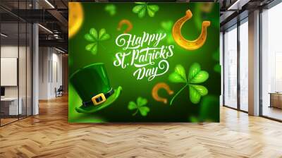 Happy St. Patrick Day greeting card, cartoon vector poster with lettering, shamrocks, green leprechaun hat and gold horseshoes on blurred background. Saint Patricks traditional festival, celtic party Wall mural