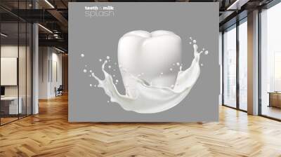 Healthy tooth with white milk or yogurt wave splash, calcium nutrition or dairy product vector isolated 3d milk swirl flowing around teeth and roots with realistic drops and splatters Wall mural