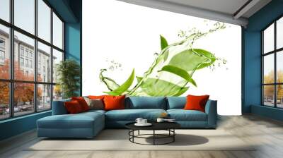 Herbal drink wave splash with green tea leaves and water flow. Vector organic beverage 3d advertising with realistic green leaves in aqua and splatters. Fresh plant, natural aroma tea splash Wall mural