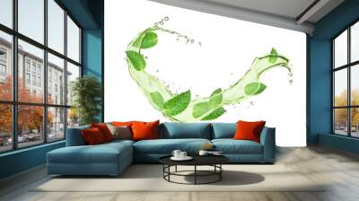 Herbal drink wave splash with mint leaves and water flow. Menthol, peppermint, match tea green foliage. Vector organic beverage 3d advertising with realistic leaves in aqua and splatters Wall mural