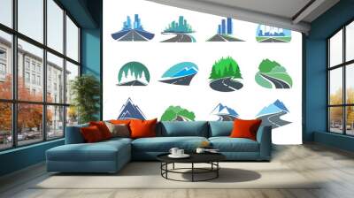 Highway road, driveway or freeway icons with city skyline, forest and mountain. Vector emblems with metropolis, countryside asphalt road, speedway and pathway with skyscrapers on horizon, spruce trees Wall mural