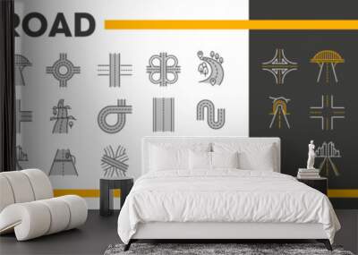 Highway road line icons, street traffic with crossroad and tunnel route, vector symbols. Street transport interchange and highway road intersection icons of traffic lanes and crossroads signs Wall mural