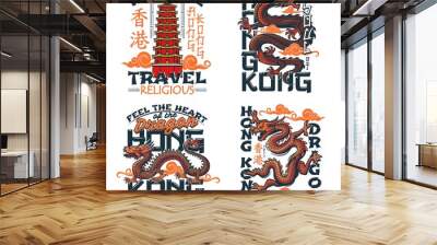 Hong Kong travel t-shirt prints with ancient dragons in clouds and temple. Isolated vector labels of Chinese dragon monsters and pagoda tower, apparel prints of Asian tourism or tourist tour design Wall mural