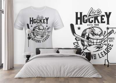 Ice hockey puck and broken stick t-shirt print vector template. Puck mascot with angry face biting, breaking a stick with teeth, lettering illustration. Ice hockey club apparel custom design mockup Wall mural