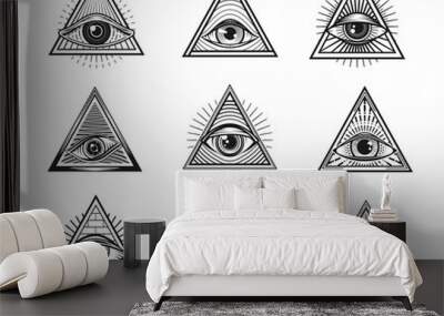 Illuminati eyes with mason pyramid. Triangle providence symbol, occult tattoo. Masonic lodge hand drawn vector symbol, esoteric and occult engraved tattoo or mystic seals set with eyes in pyramid Wall mural