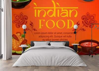 Indian authentic cuisine, traditional India restaurant food menu cover. Vector vegetarian vegetables, curry rice and tandoori meals, meat and fish in masala spices, gourmet cooking recipe Wall mural