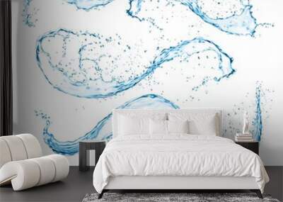 Isolated blue water waves splash and flow shapes with drops. Vector liquid transparent splashing fluids with droplets, realistic 3d fresh drink elements, clear aqua falling or pour with air bubbles Wall mural