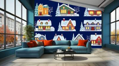 Isolated Christmas winter house facade exterior with snow on roof, vector buildings. Christmas cartoon town homes or village with windows and trees on snowy street for winter holiday or New Year Wall mural