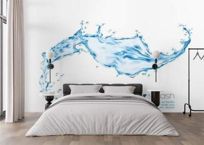 Isolated transparent water splash swirl with pouring wave, vector realistic background. Water pour with splashing drops, liquid blue clear aqua with water droplets of clean drink and flowing spill Wall mural