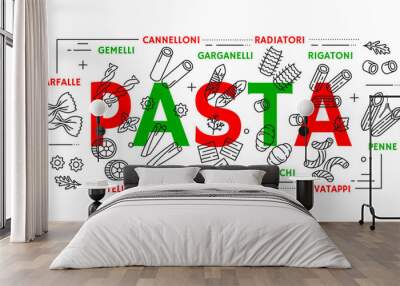 Italian pasta types banner or outline icons. Italian cuisine restaurant menu food thin line vector backdrop with penne, cannelloni, gemelli and farfalle, garganelli, casarecce pasta thin line symbols Wall mural