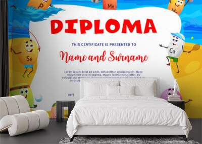 Kids diploma. Vitamin and micronutrient characters on summer beach. Kids education achievement vector diploma with P, Mn, Mg and Se, K, Zn nutrition mineral pills cute personages doing sports on beach Wall mural