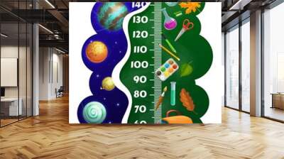 Kids height chart ruler, cartoon space planets, school stationery, textbooks, and schoolbag. Growth meter, vector wall sticker for children height measurement with scale and learning student supplies Wall mural