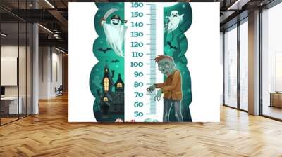 Kids height chart with Halloween monsters and ghosts vector background. Children growth meter, ruler or stadiometer wall sticker with centimeter scale, cartoon Halloween pumpkin, witch and zombie Wall mural