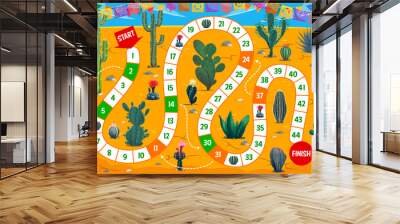 Kids step board game, mexican desert with cactuses. Vector roll and move boardgame, children puzzle with path of numbered steps, start, finish and arrows on background of succulent plants with flags Wall mural