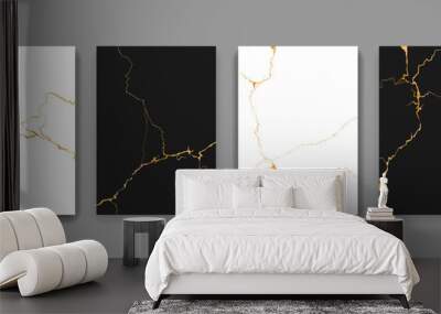 Kintsugi gold cracks marble texture patterns. Abstract golden lines on black and white stone backgrounds. Modern wall decor of vintage japanese art, kintsugi or kintsukuroi gold cracks patterns set Wall mural