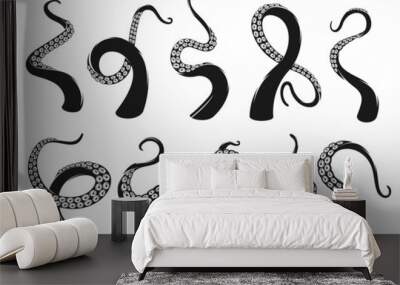 Kraken and octopus tentacle, squid monster tattoo. Sea and ocean underwater creature or marine animal arms and limbs, isolated monochrome vector tentacles with suckers and curved rings Wall mural