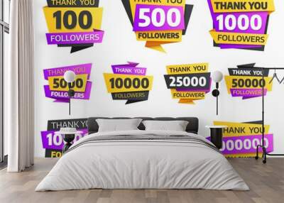 Labels or stickers for followers milestone, vector elements with numbers and typography for internet social media networks. followers thank you congratulation post, isolated stickers and labels set Wall mural