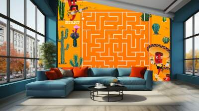 Labyrinth maze and mexican mariachi musician peppers in desert. Children logical riddle, kids educational quiz or child puzzle game with search way task, mexican cactus plant and funny peppers Wall mural