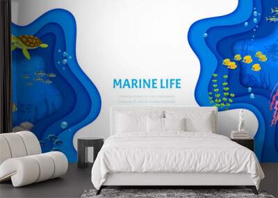 Landing page cartoon tropical sea paper cut landscape with turtle, seaweeds, fish shoal and starfish. 3d vector web banner with vibrant underwater world, complete with colorful marine life and scenery Wall mural