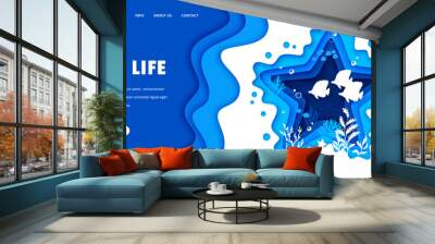 Landing page. Tropical fish, seaweeds and underwater sea paper cut landscape in 3d starfish frame. Website landing page vector template of underwater world with blue water wave layered borders Wall mural