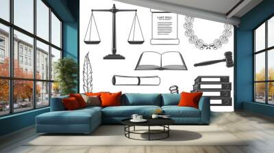 Law, court and criminal justice system symbols. Last will testament document, oak wreath and scales of justice, judge gavel, open book and quill pen, inkwell, signet stamp and binders engraved vector Wall mural