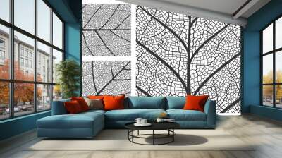 Leaf texture pattern background, vector closeup plant leaf pattern with veins and cells. Foliage and floral nature ornament design of tree leaf in black and white line prints closeup Wall mural