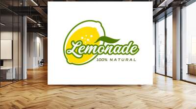 Lemonade icon with lemon fruit for juice drink or soda beverage, vector label. Lemonade citrus drink sign of 100 percent natural lemon with sparkling water bubbles and green leaf for product package Wall mural