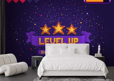 Level up 8bit game, arcade pixel screen. PC platform console victory menu mosaic display. Game level complete vector background with pixel stars, life hearts indicator, interface buttons Wall mural