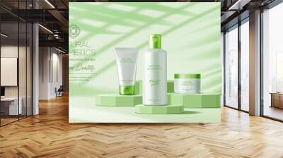 Light green podium with cosmetics bottle and tube. Natural cosmetics package promo pedestal mockup 3d realistic vector background with skincare cream, shampoo bottle, lotion jar and palm leaves shadow Wall mural