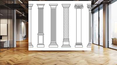 Line Greek pillars and Roman columns, ancient architecture and antique buildings, vector icons. Greece or Rome architecture column pillars of marble stone in line art with pilasters and ornate cornice Wall mural