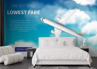 Lowest fare vector poster, cheap flight business promotion with realistic 3d airplane. Book now online travel service. Airline promo internet offer, tickets sale. White plane flying in blue cloudy sky Wall mural