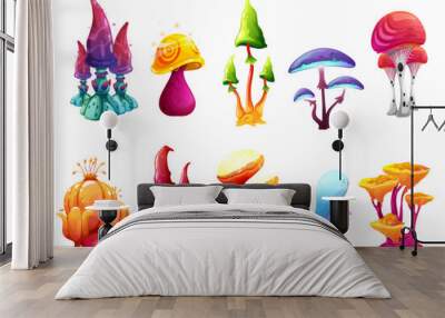 Magic fairy cartoon mushrooms of fantasy alien forest, vector toadstools and luminous trees. Fairy and witch amanita mushrooms of fantastic planet for game or fairy tale witchcraft, glowing neon fungi Wall mural