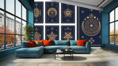 Magic occult Tarot cards with esoteric signs and mystic symbols in vector golden lines. Tarot cards decks or reverse design with sun, moon and star, pentacle with Ankh cross and celestial symbols Wall mural