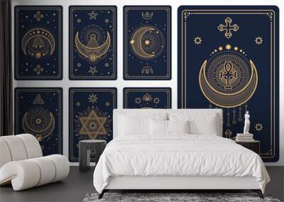 Magic occult Tarot cards with esoteric symbols for astrology and fortune telling, vector reverse decks. Tarot cards mystic magic signs of sun and moon, Ankh cross with mason pyramid and pentagrams Wall mural