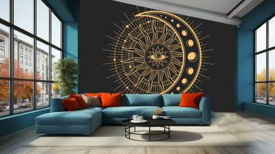 Magic tarot occult esoteric sign with egyptian all-seeing eye in star with crescent moon and radiant sun rays inside of circle. Vector spiritual magic emblem, isolated alchemy, wicca or pagan symbol Wall mural