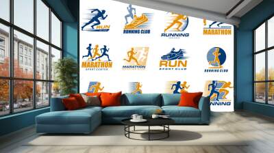 Marathon run sport icons with runner men and women, athletic shoes and finish ribbon vector silhouettes. Running people isolated symbols set for marathon and run sport club, foot race competition Wall mural