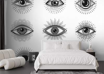 Mason tattoo, providence illuminati eyes. Esoteric occult symbols. Mystic or esoteric witch eye, luck charm, spiritual and mystical vision symbol or witchcraft, magic providence, fortune vector signs Wall mural