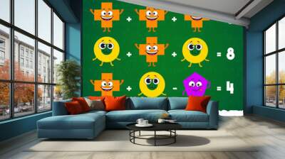 Math shape characters. Math game worksheet. Vector mathematics riddle for children education and learning arithmetic equations with funny cross, ring and pentahedron personages on blackboard field Wall mural