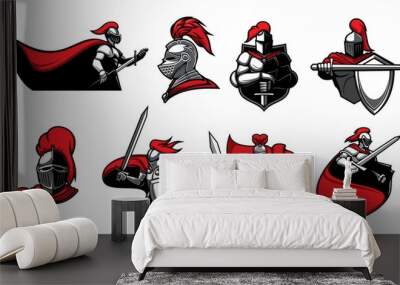 Medieval knights with swords, isolated heraldic vector icons. Warriors, paladin or guards with blade in armour and cape. Heraldry symbols of royal knight in helmet with red plumage, ancient soldier Wall mural