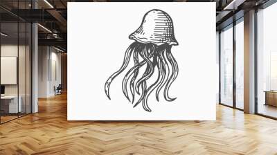 Medusa hand drawn jellyfish isolated sea creature monochrome sketch icon. Vector underwater animal, deep ocean waters sealife character. Swimming marine creature, sea jellies Pacific nettle jellyfish Wall mural