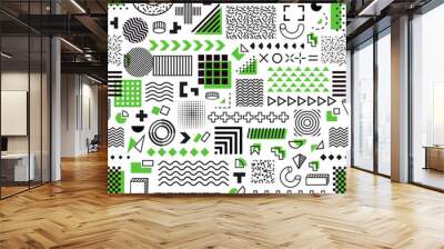 Memphis geometric green shapes seamless pattern. Minimalistic line art doodles wallpaper or seamless background, wrapping paper or textile vector print with colorful graphic Memphis shapes pattern Wall mural