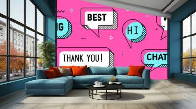 Memphis speech bubbles and message clouds with text, vector thin line frames. Message bubbles for sale hot price and best deal, OMG and Hi or Thank you and Idea speech clouds in Memphis style Wall mural