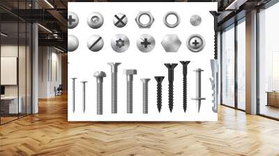 Metal bolts, screws, nuts and nails. Realistic vector metal fasteners and rivets, woodwork and metal works equipment, washers and self-tapping or thread-cutting screws Wall mural