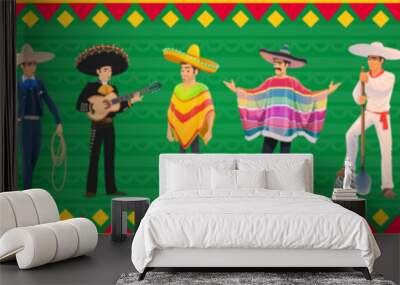 Mexican characters, mariachi musicians, charro cowboy, dancing woman and jimador, cartoon vector banner. Mexican holiday fiesta people in traditional Latin sombrero and poncho with guitars and maracas Wall mural