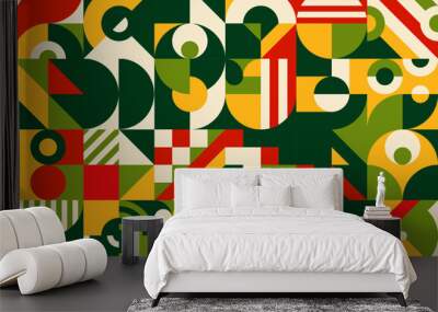 Mexican modern geometric motif with abstract Bauhaus pattern, vector background. Mexican flag colors pattern of simple minimal elements and geometric shapes in Bauhaus, Swiss or Scandinavian pattern Wall mural