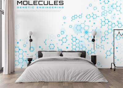 Molecule background with science molecular structure pattern, genetics biotechnology medicine vector banner. Gene engineering, chemistry biology and medical technology background with molecule pattern Wall mural