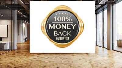 Money back golden badge and customer satisfaction label. Shop special offer golden sticker or badge, money back guarantee glossy metal vector stamp or label. Money return service tag or gold icon Wall mural