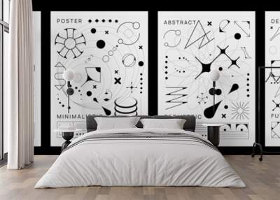 Monochrome retro Y2K brutal posters with geometric shapes, vector cover template backgrounds. Y2K modern or retro brutal graphic elements and geometric figures of star, space ellipse and line circles Wall mural