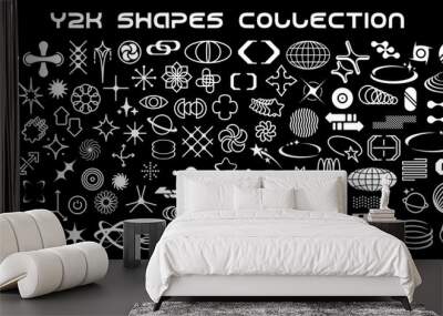 Monochrome retro y2k shapes and elements, vector modern graphics. Abstract geometry forms and figures, stars, arrows, hearts and flowers futuristic symbols. Planet globes, sparks and atom silhouettes Wall mural