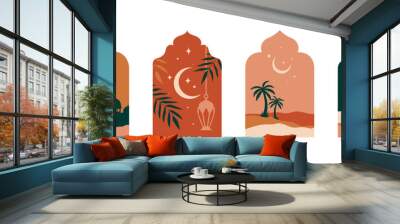 Mosque arch windows with arabic landscape. Ramadan Kareem, Eid Mubarak arabian holiday of islam religion. Muslim mosque window frames with vector silhouettes of crescent moon, lantern, star and palm Wall mural